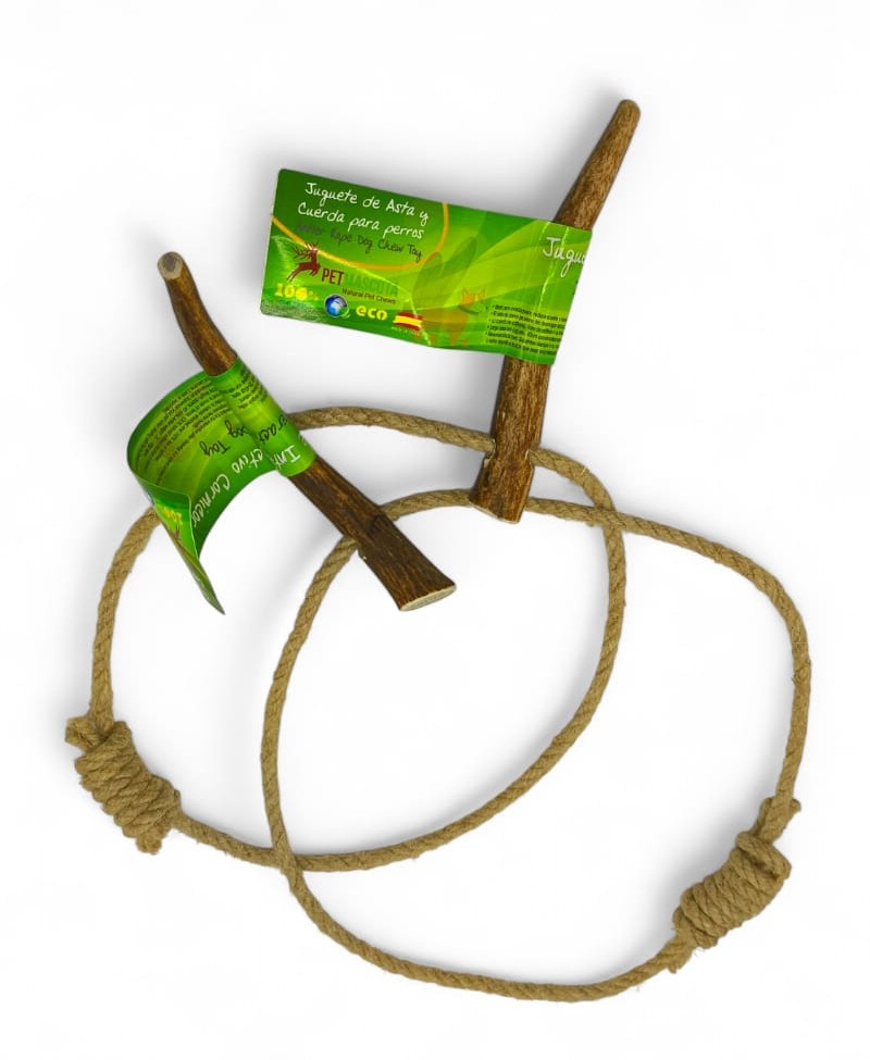 Interactive dog toy with antler and rope Interactive dog toy with antler and rope